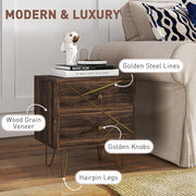 Set of 2 Brown Wooden Bedside Tables with Drawers and Gold Hairpin Legs by HOMCOM