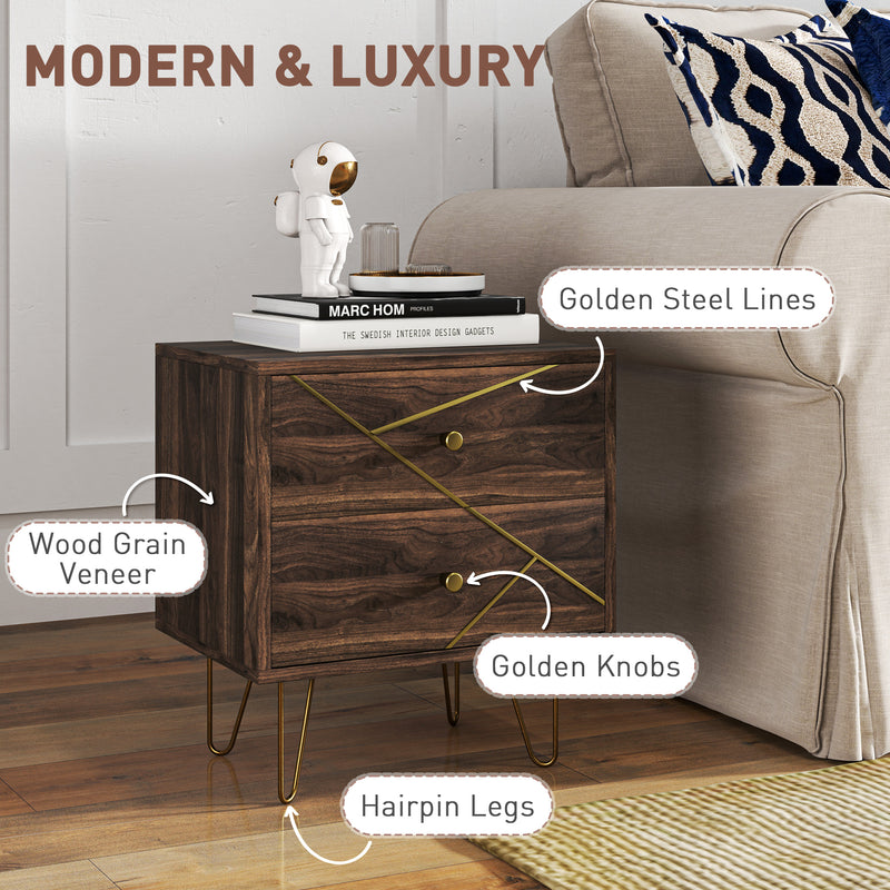 Set of 2 Brown Wooden Bedside Tables with Drawers and Gold Hairpin Legs by HOMCOM