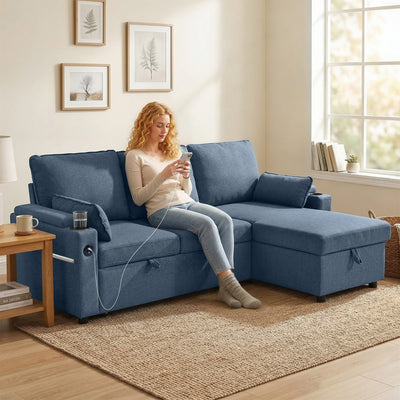 Corner Sofa Bed with Storage and USB Charging for Small Living Rooms Blue AOSOM
