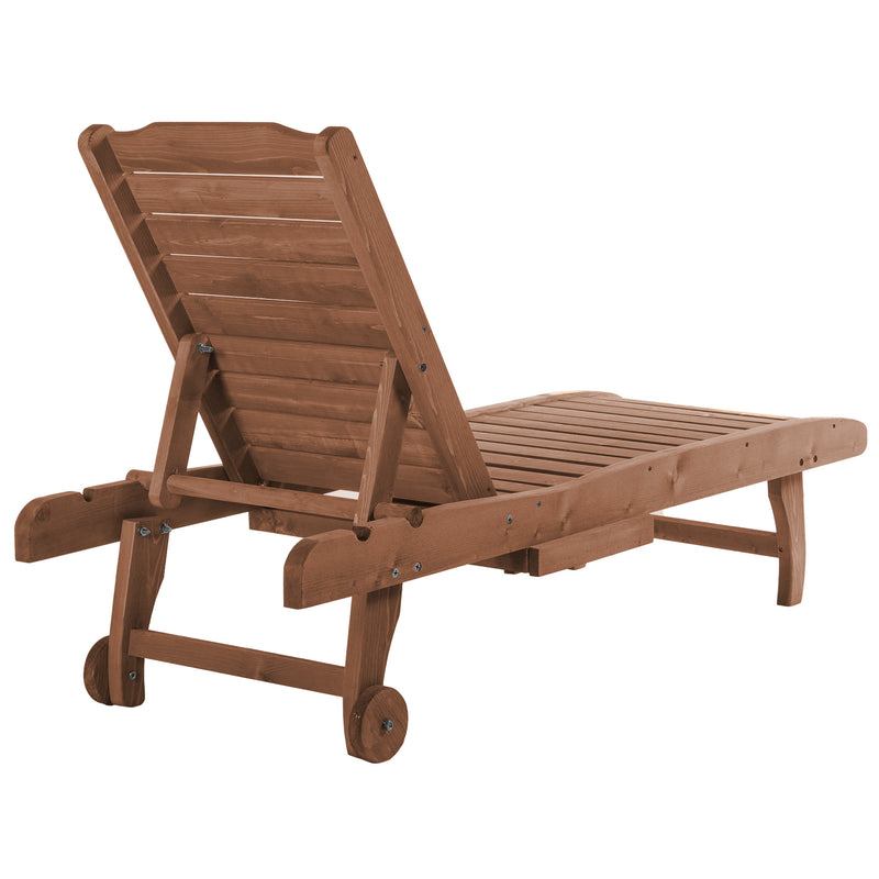 Brown Wooden Sun Lounger Chair With Wheels Adjustable Back and Side Table for Garden