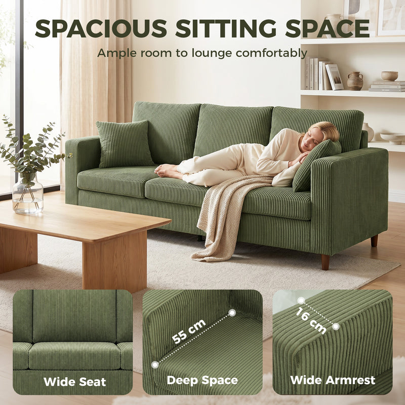 Three Seater Sofa for Spacious Family Lounging with Deep Cushions and Corduroy Fabric