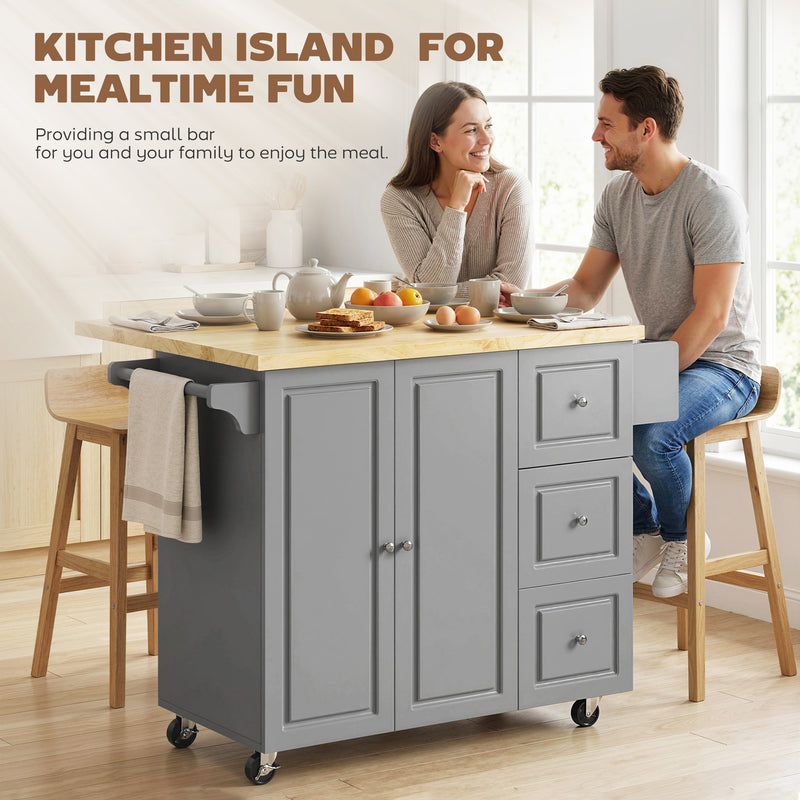 Grey Mobile Kitchen Island Trolley With Drop Leaf, Storage Shelves, Drawers, and Rubber Wood Counter Top For Easy Meal Prep