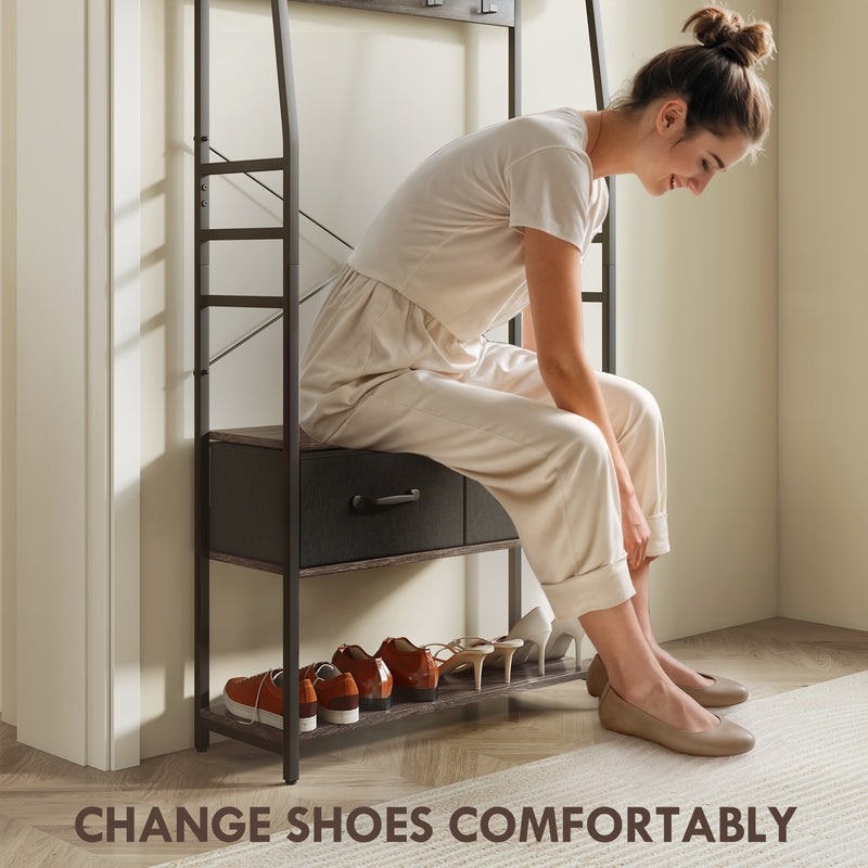 Coat Rack Hall Tree With Shoe Storage Bench and Drawers for Hallway or Entryway Grey