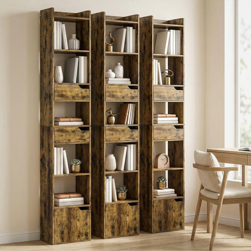Slim Bookcase with Shelves Drawers and Cabinet for Small Spaces Rustic Brown