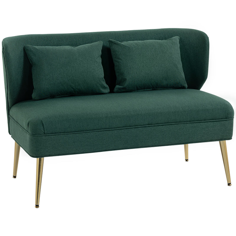 2 Seater Sofa, Dark Green Linen Look Sofa with Wing Back and Gold Metal Legs for Small Spaces