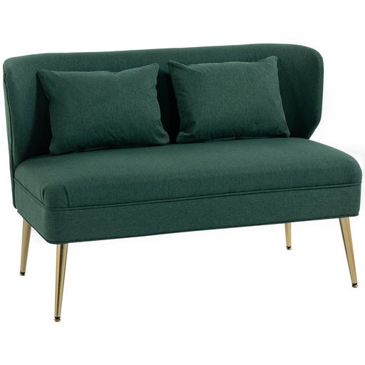 2 Seater Sofa, Dark Green Linen Look Sofa with Wing Back and Gold Metal Legs for Small Spaces