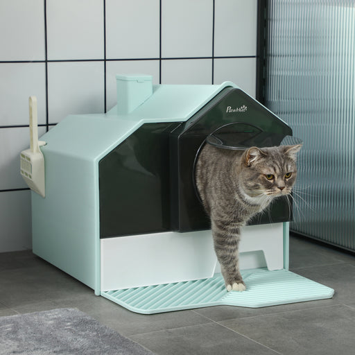 Covered Cat Litter Box with Scoop for Odour Control and Privacy, Light Blue
