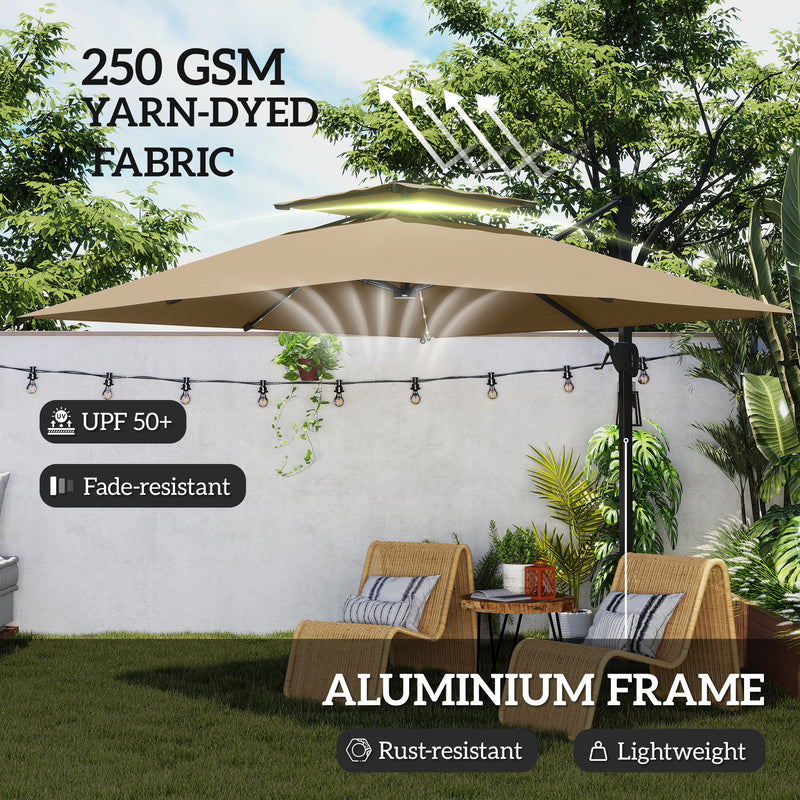 Khaki Cantilever Garden Parasol with Solar LED Lights and UPF50+ Sun Shade by Outsunny
