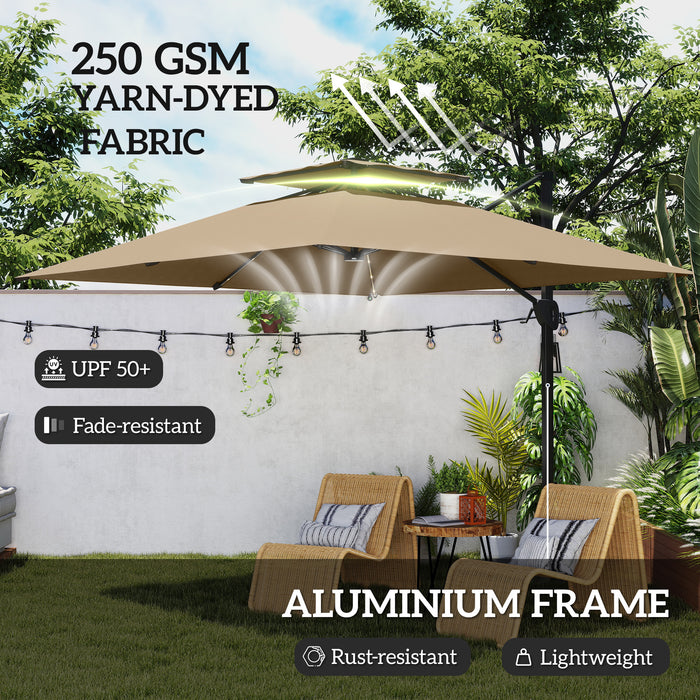 Khaki Cantilever Garden Parasol with Solar LED Lights and UPF50+ Sun Shade by Outsunny