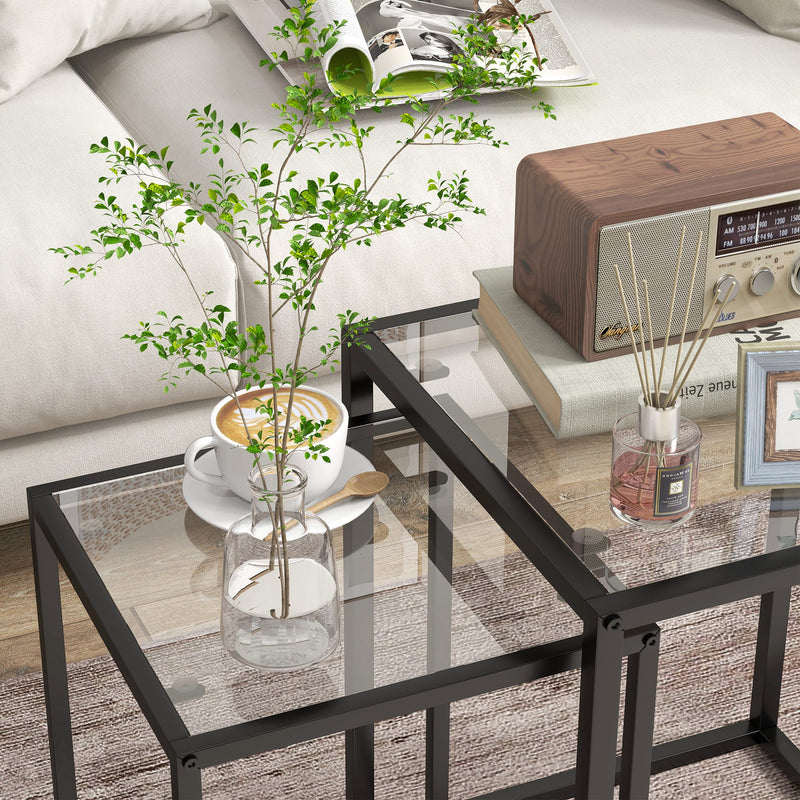 Set of 2 Black Nesting Tables with Tempered Glass Top and Steel Frame for Living Room by HOMCOM