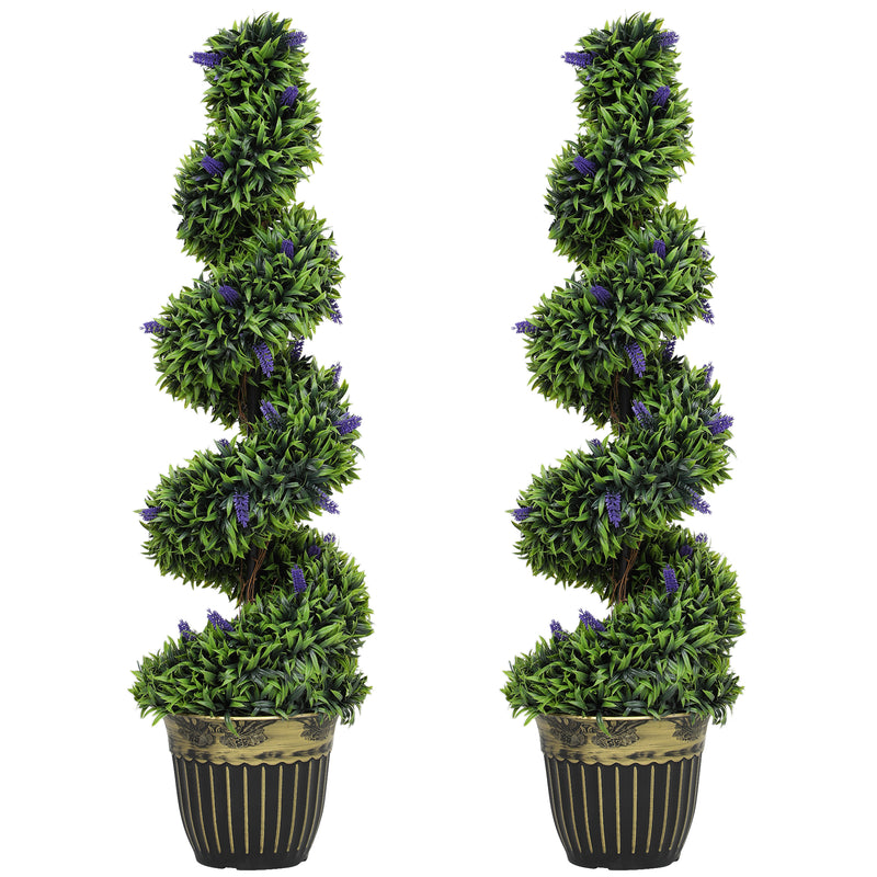 Set of 2 Artificial Boxwood Spiral Topiary Trees with Lavender in Pots 115cm by HOMCOM