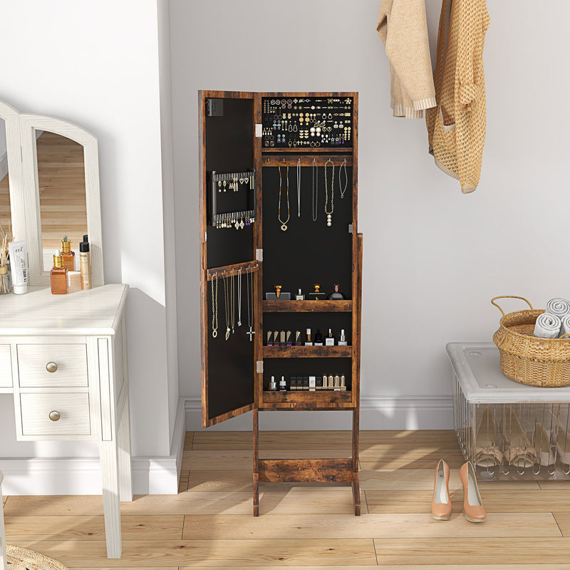Freestanding Full Length Mirror Cabinet with LED Jewelry Storage and Adjustable Angle Rustic Brown