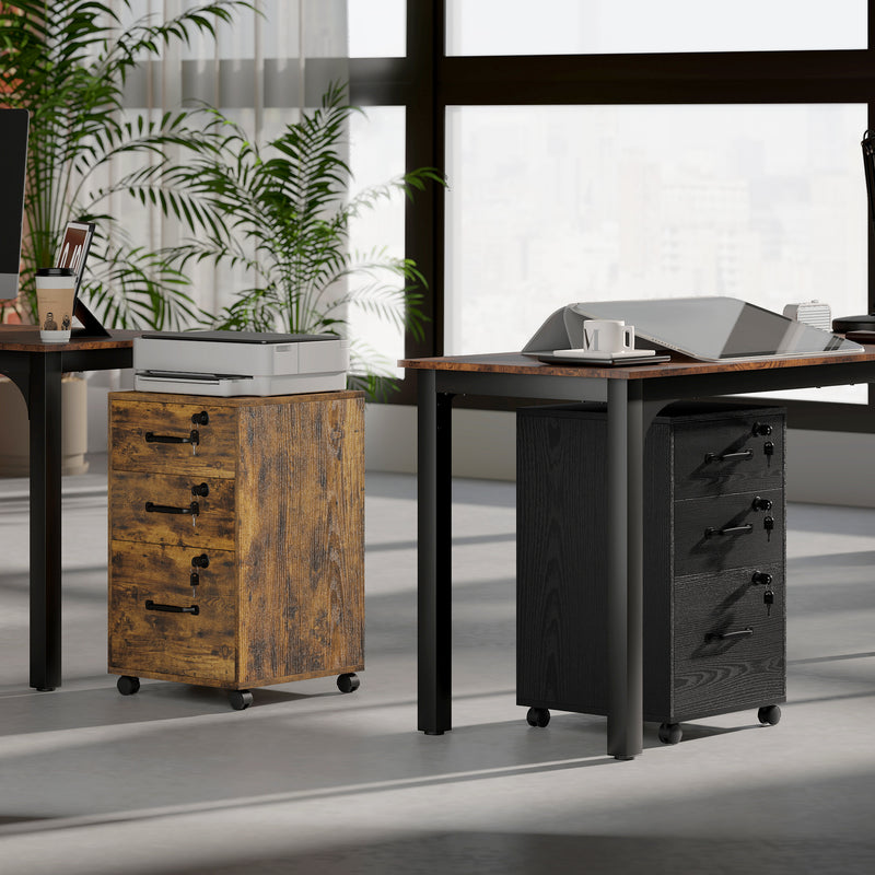 Three Drawer Wood Effect Filing Cabinet With Spacious Storage For Home Office, Rustic Brown