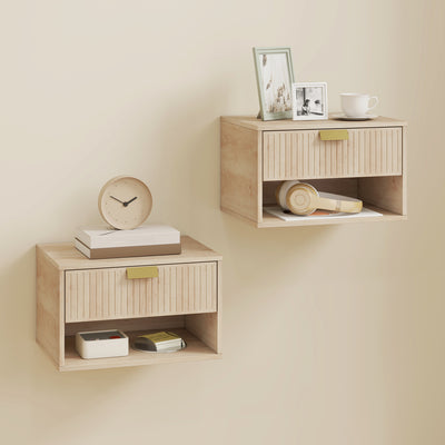 Floating Bedside Tables Set of 2 with Hidden Drawer and Shelf for Space Saving Oak AOSOM