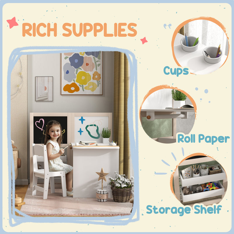 3 in 1 Kids Table and Chair Set with Storage and Drawing Board for Ages 3 to 8 White AOSOM