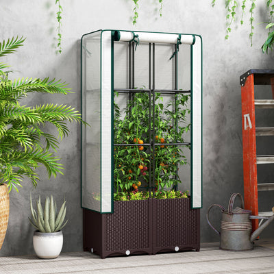 Raised Garden Bed with Trellis Plastic Planter Box with Drainage for Climbing Plants by Outsunny