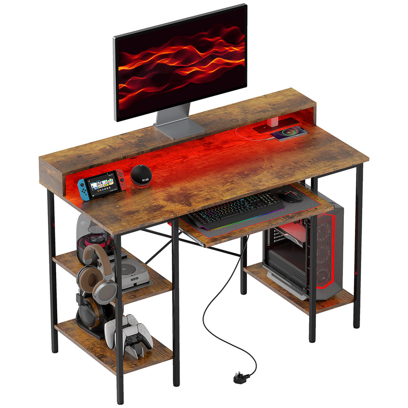 Reversible Computer Desk with LED Lights and Power Outlets 120cm Gaming Desk Rustic Brown by HOMCOM