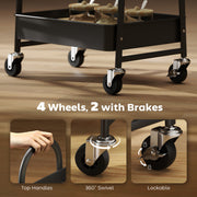 3 Tier Rolling Kitchen Storage Trolley With Top Board For Easy Organisation, Rustic Brown and Black