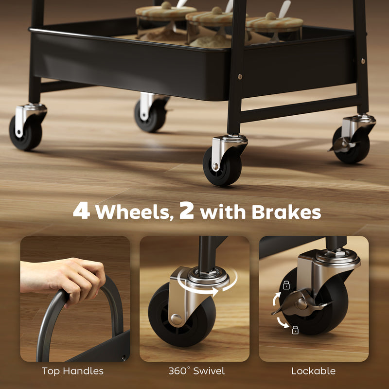 3 Tier Rolling Kitchen Storage Trolley With Top Board For Easy Organisation, Rustic Brown and Black