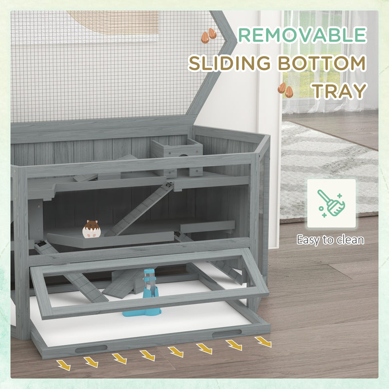 Grey 3 Tier Wooden Hamster Cage with Sliding Tray Seesaws and Water Bottle by PawHut