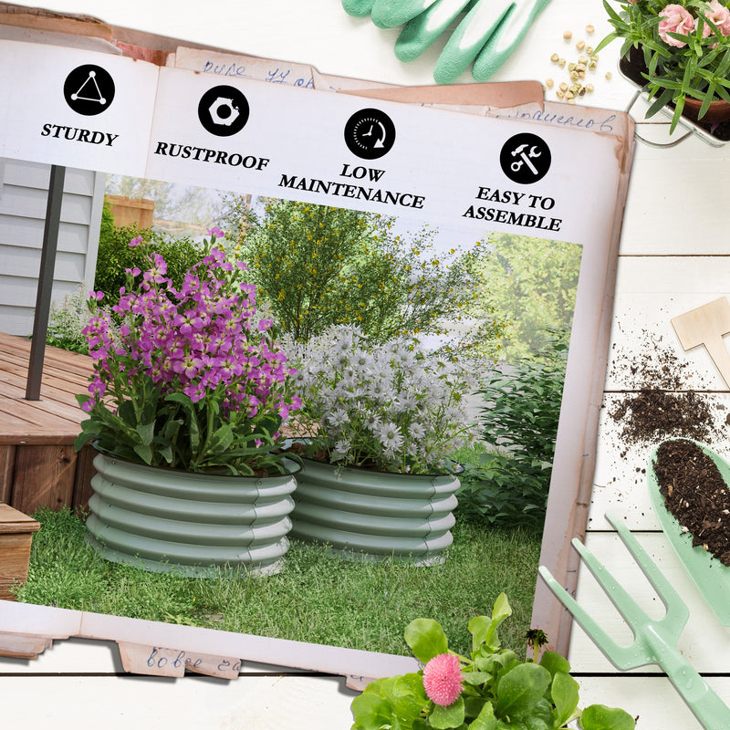 Set of 2 Green Metal Raised Garden Beds With Safety Edging Ideal for Growing Vegetables