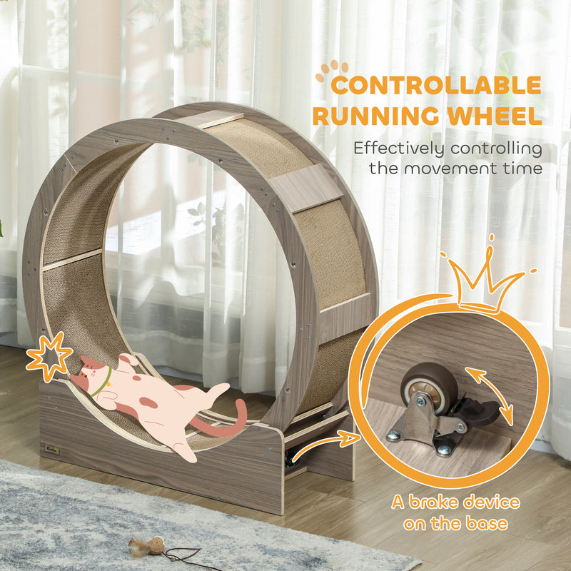 Walnut Brown Cat Exercise Wheel with Brake and Scratching Pads by PawHut