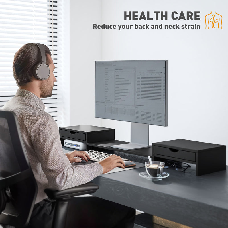 Dual Monitor Stand Riser with 2 Drawers Adjustable Length for PC Laptop and Printer Black by HOMCOM