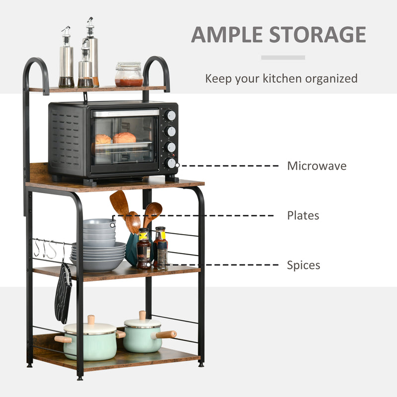 Kitchen Shelf Unit with 4 Shelves and Side Hooks for Compact Storage Rustic Brown