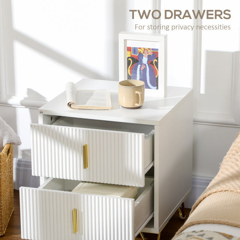 Set of 2 Two Drawer Bedside Chests with Ample Storage for Bedroom White and Gold