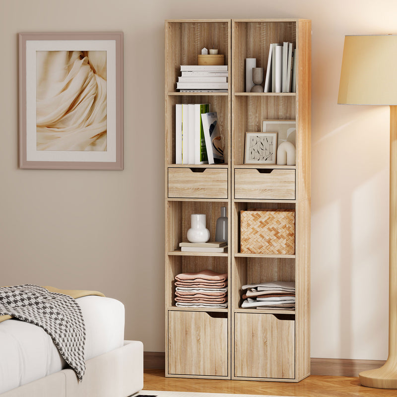 Tall Narrow 6 Tier Bookcase With Drawer And Door For Home Storage Natural Wood Finish AOSOM