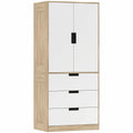 Double Wardrobe with Drawers for Small Bedrooms Slim Storage Oak and White