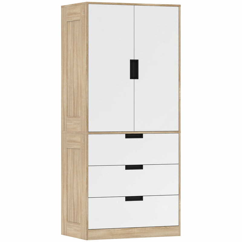 Double Wardrobe with Drawers for Small Bedrooms Slim Storage Oak and White