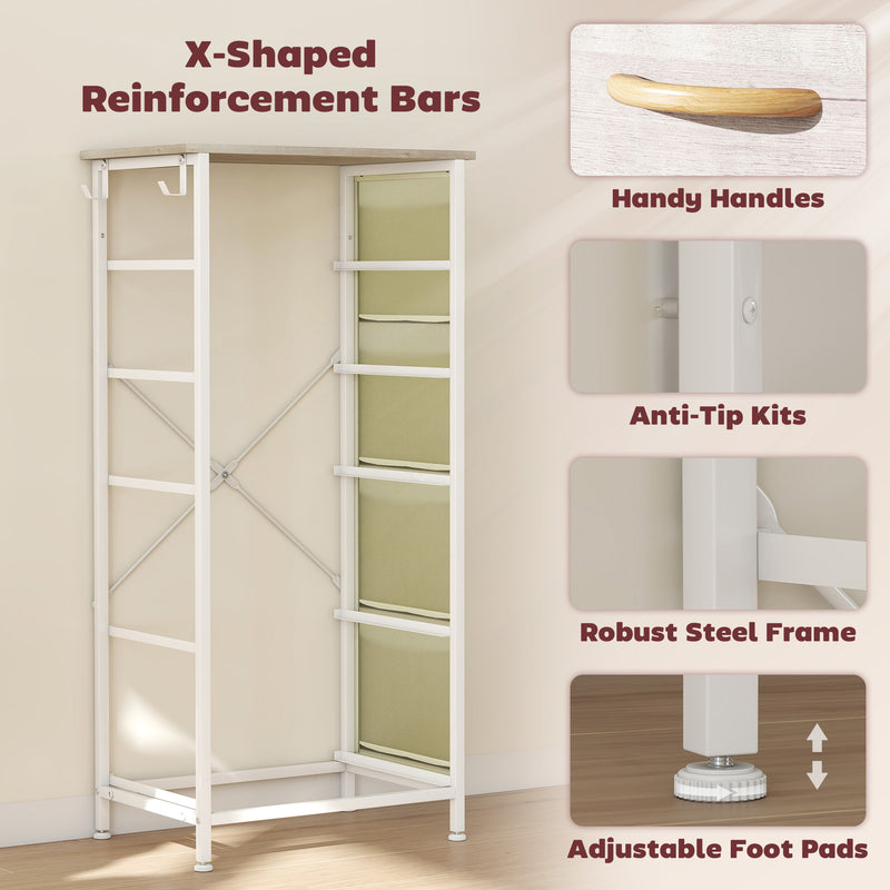 Tall Fabric Chest of 5 Drawers with Wood Frame Ideal for Bedroom Storage Natural Wood