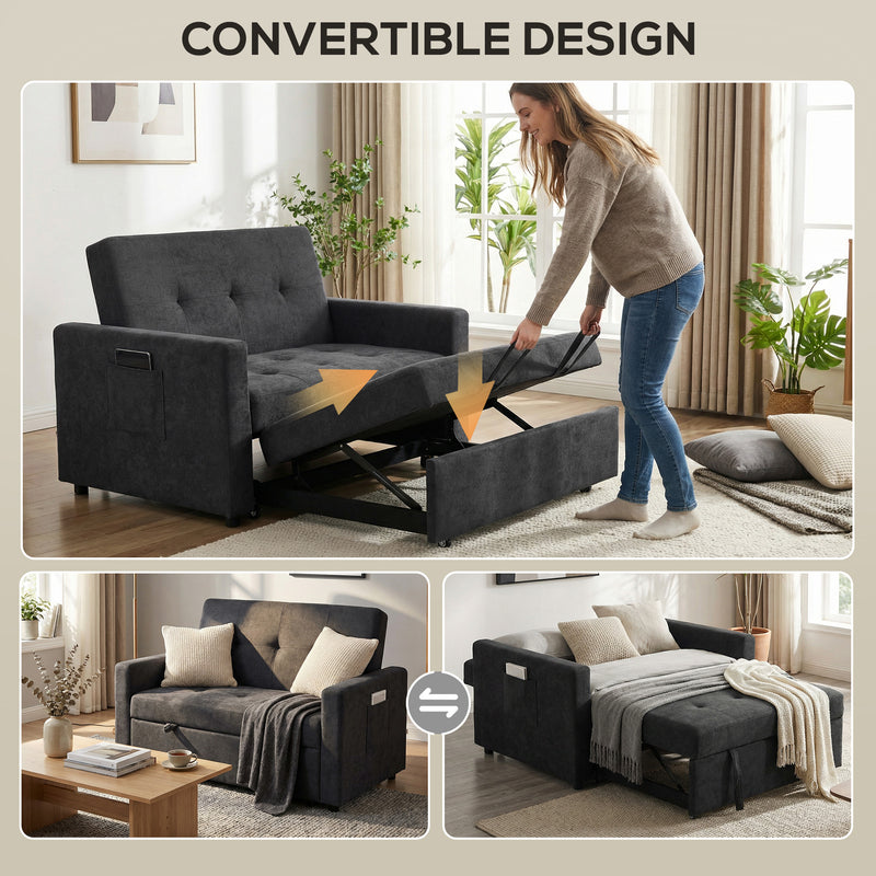 2 Seater Sofa Bed for Small Spaces with Adjustable Backrest and Storage Pockets Black AOSOM