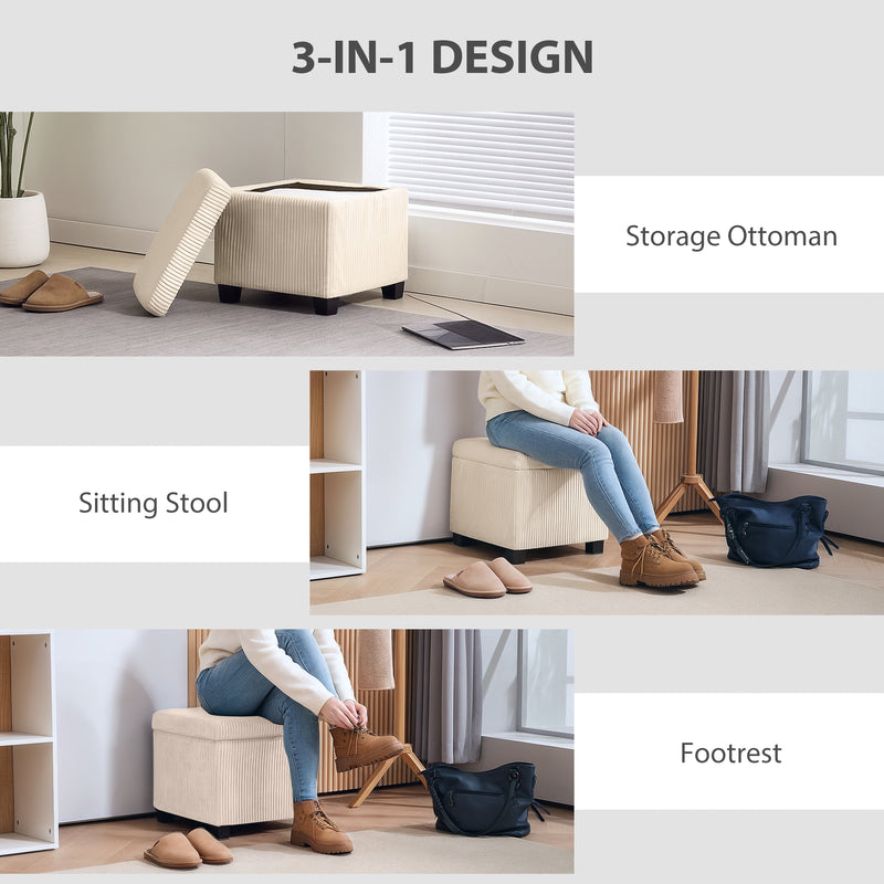 Beige Corduroy Square Storage Ottoman Stool with Removable Lid and Legs 40cm by HOMCOM