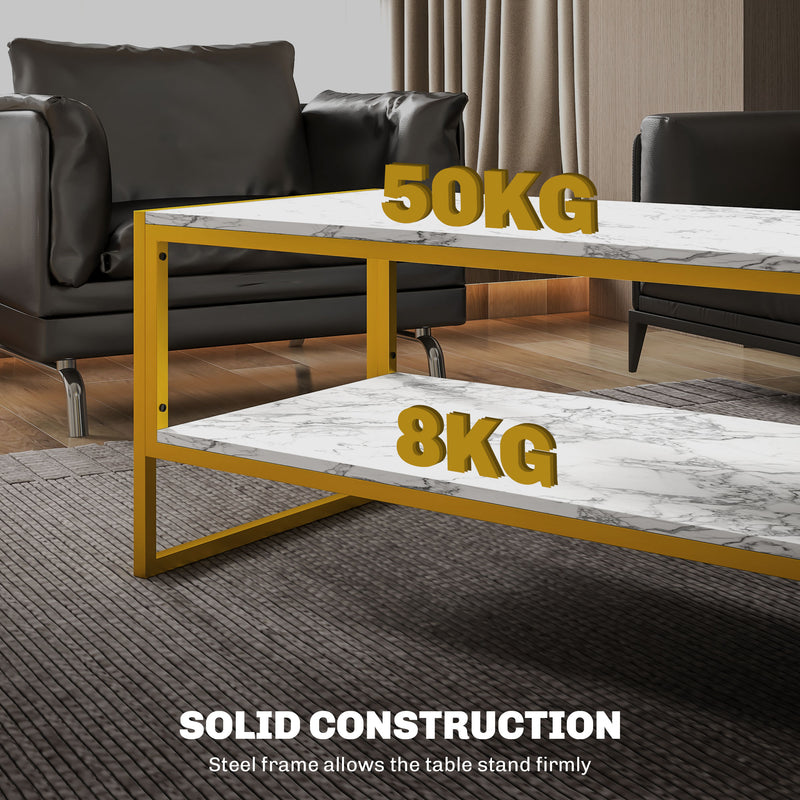 Two Tier Marble Coffee Table With Storage Shelf For Living Room Metal Frame, White