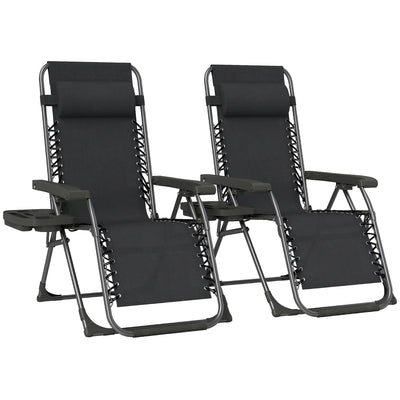 Foldable Zero Gravity Reclining Garden Lounger Chairs Set of 2 with Tray & Cup Holder, Black Outsunny