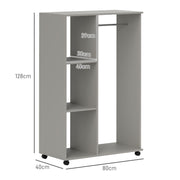 Grey Open Wardrobe on Wheels with Clothes Rail and Shelves for Bedroom Storage by HOMCOM