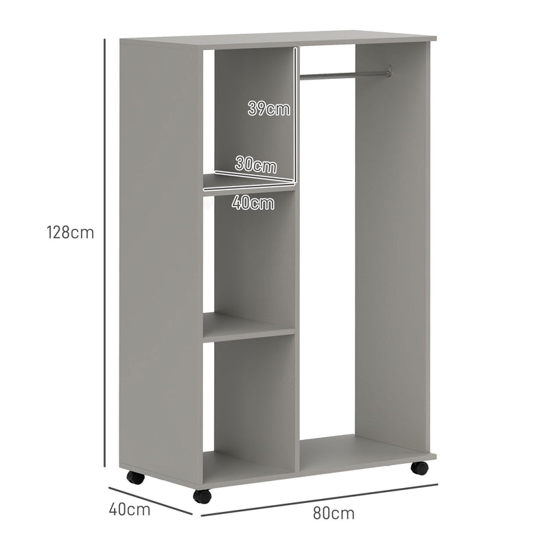 Grey Open Wardrobe on Wheels with Clothes Rail and Shelves for Bedroom Storage by HOMCOM