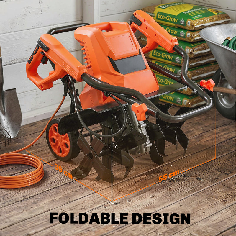 Electric Garden Tiller Rotavator for Easy Soil Preparation with Adjustable Wheels Orange AOSOM