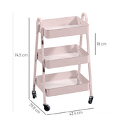 Pink Three Tier Rolling Storage Trolley with Wheels for Home or Office Use