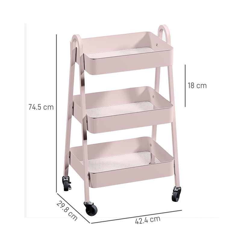 Pink Three Tier Rolling Storage Trolley with Wheels for Home or Office Use