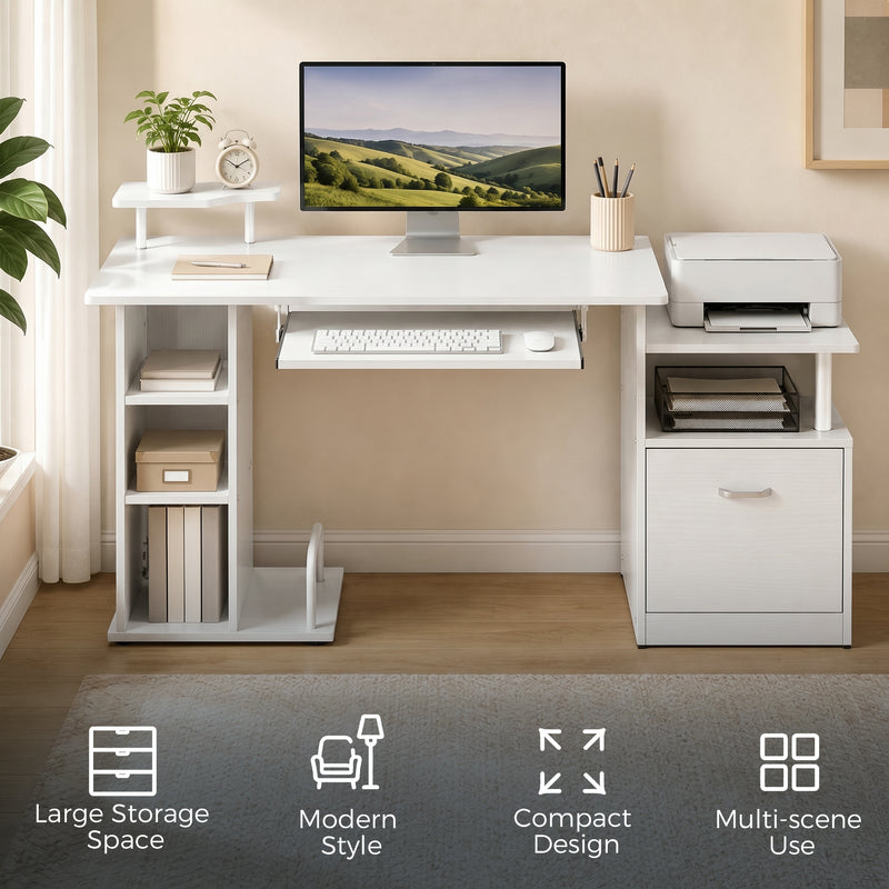 Computer Desk with Shelves and Drawer for Organised Home Workspace White Wood Effect