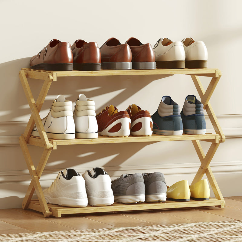 Three Tier Bamboo Shoe Rack Space Saving Foldable Storage Shelf Unit Natural Finish
