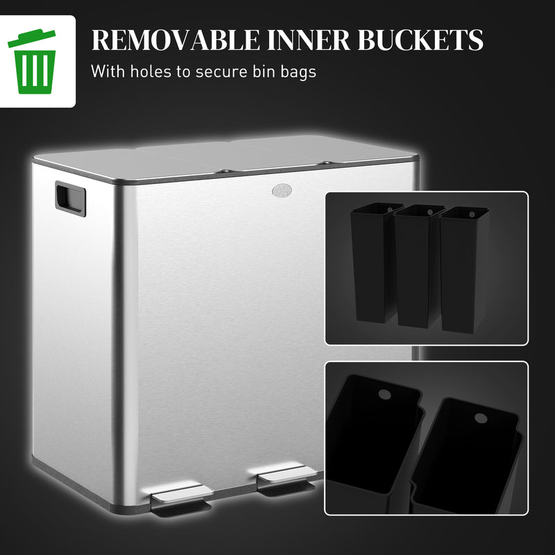 Steel Triple Kitchen Pedal Bin 3 x 15L with Soft Close Lid and Removable Buckets by HOMCOM