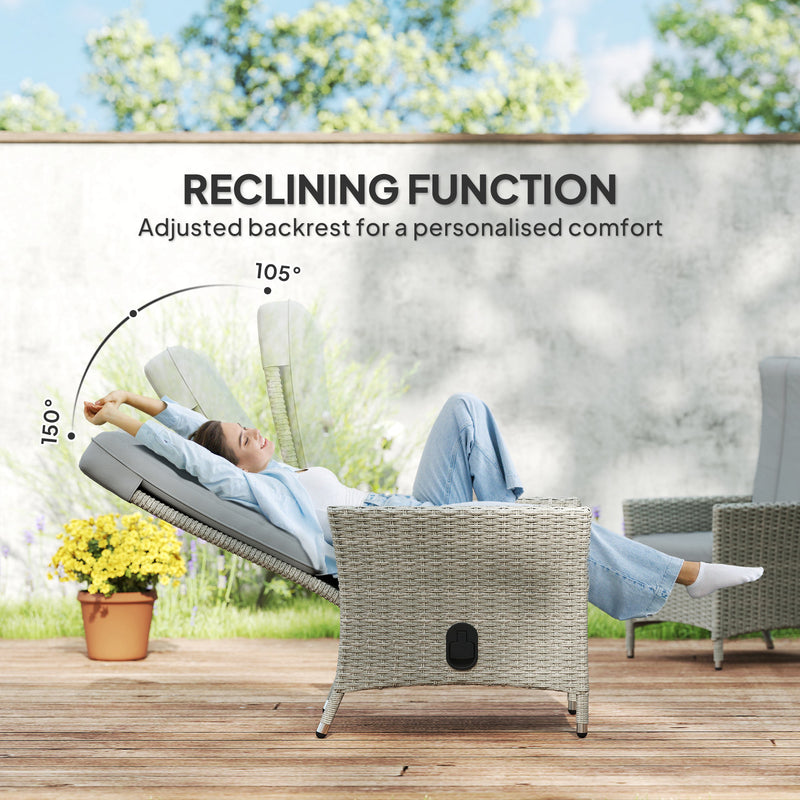 Grey Rattan Garden Recliner Chair With Adjustable Backrest and Cushion by Outsunny