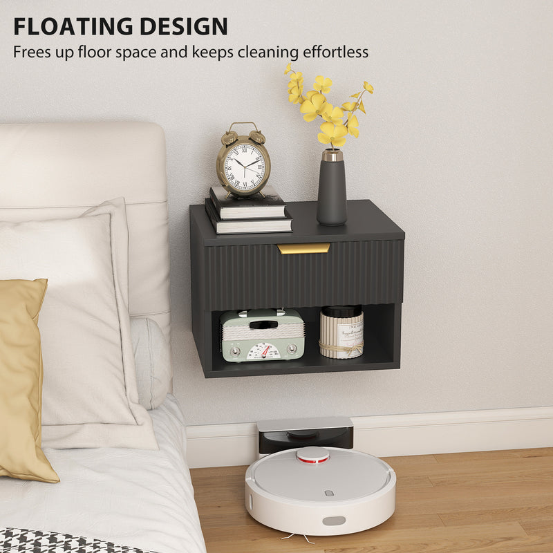 Set of 2 Floating Bedside Tables with Drawer and Shelf for Easy Cleaning Black Gold