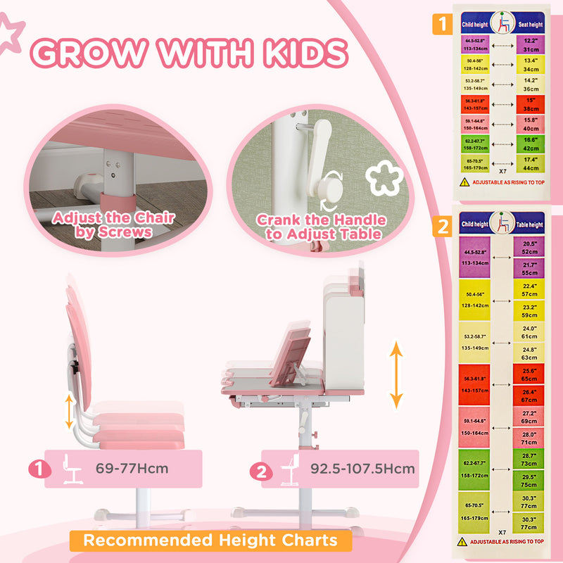Height Adjustable Kids Desk and Chair Set with Tiltable Desktop and Reading Rack Pink by AIYAPLAY