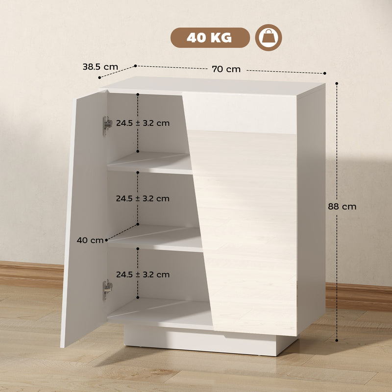 White Glossy Hallway Storage Cabinet with Adjustable Shelves for Shoes and Essentials, 70 x 40 x 88cm