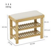 Cream White Bamboo Shoe Bench With Cushion And 3 Tier Rack For Hallway Or Bedroom